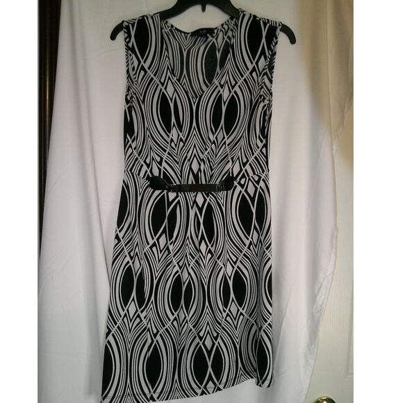 AGB‎ Black & White Geometric Print Sleeveless Dress with Belt Art Deco Pattern - Picture 1 of 3